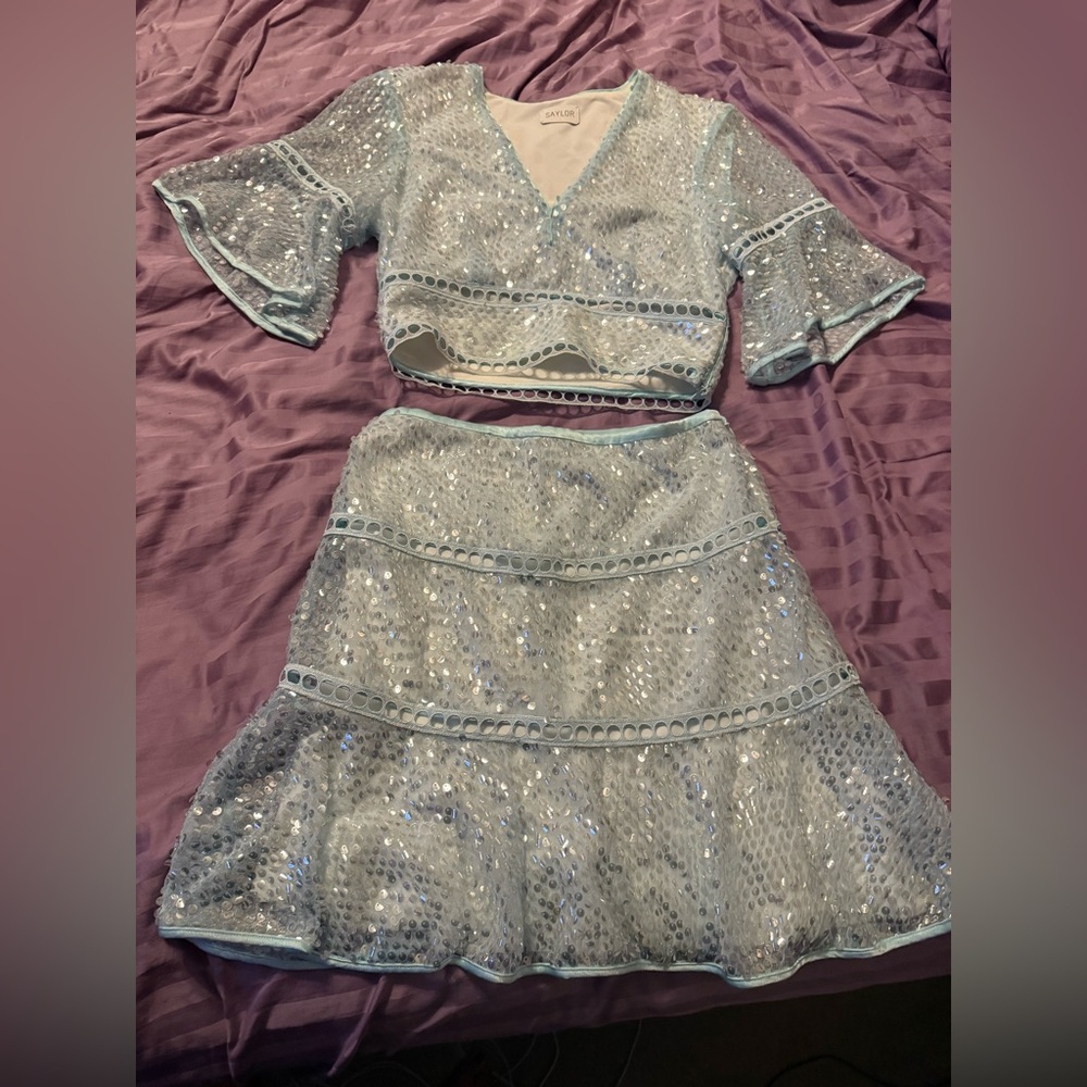 SAYLOR Blue and Silver Sequin Skirt Set